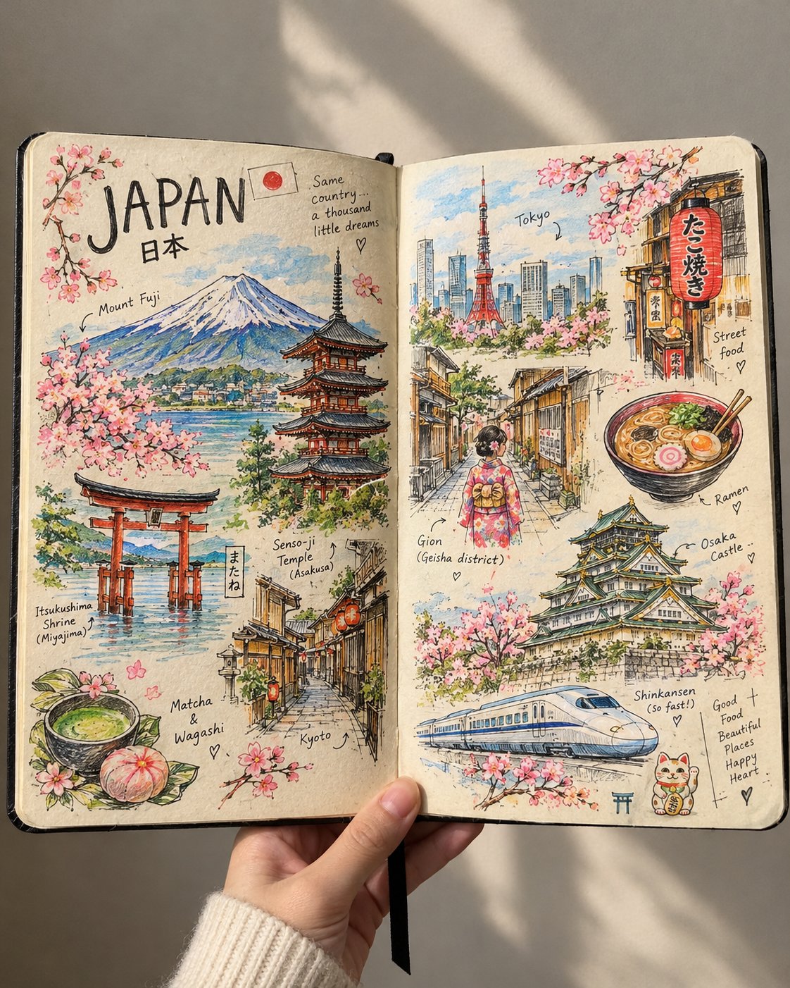 GPT Image 2.5 prompt for a hand-drawn travel sketchbook spread