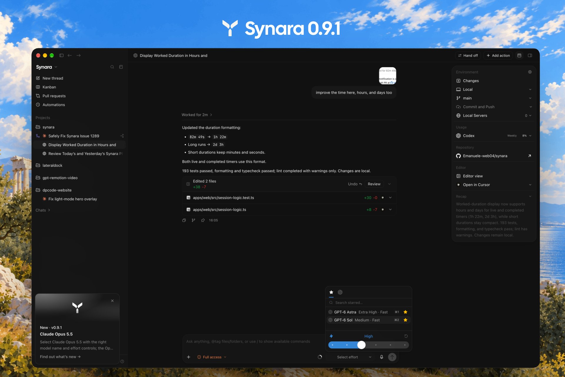 Synara v0.9.1: adds GPT-6 Sol and Luna to Codex