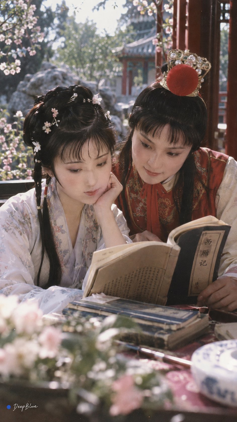 GPT Image 2.5 recreates Bao and Dai reading Xixiang in the 1987 Dream of the Red Chamber style