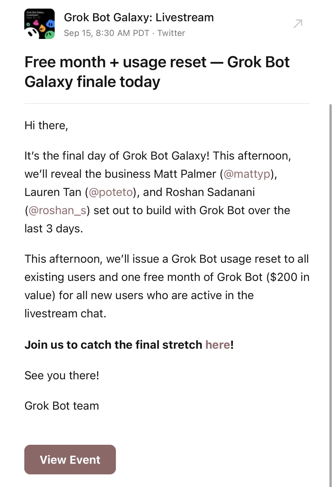Grok Bot Galaxy 收官直播与额度重置