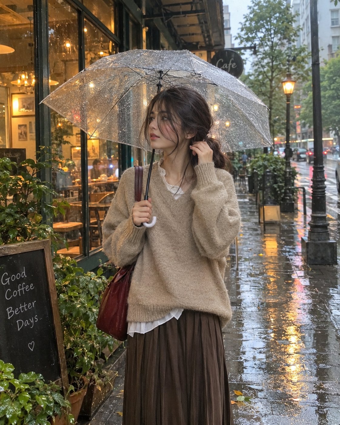 Rainy café portrait prompt and result from GPT Image 2