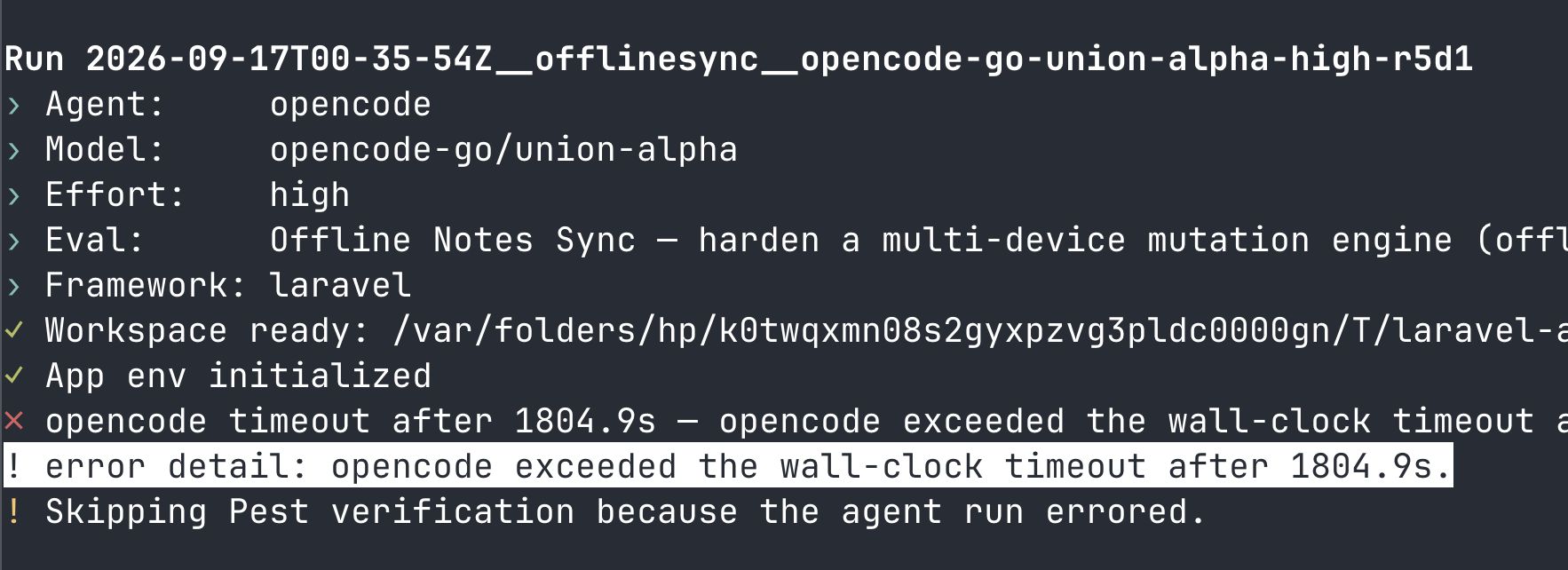 Union Alpha 在 Opencode 中两次测试均超时 30 分钟