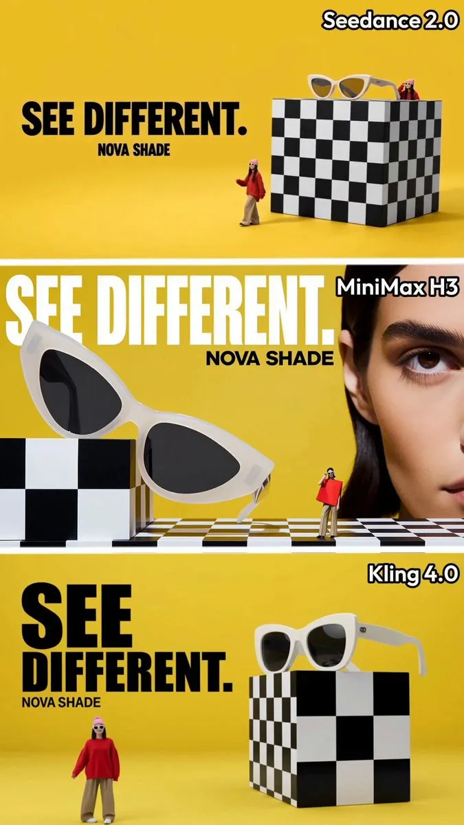 Sunglasses ad prompt tested on Seedance 2.0, Kling 4.0 and MiniMax H3