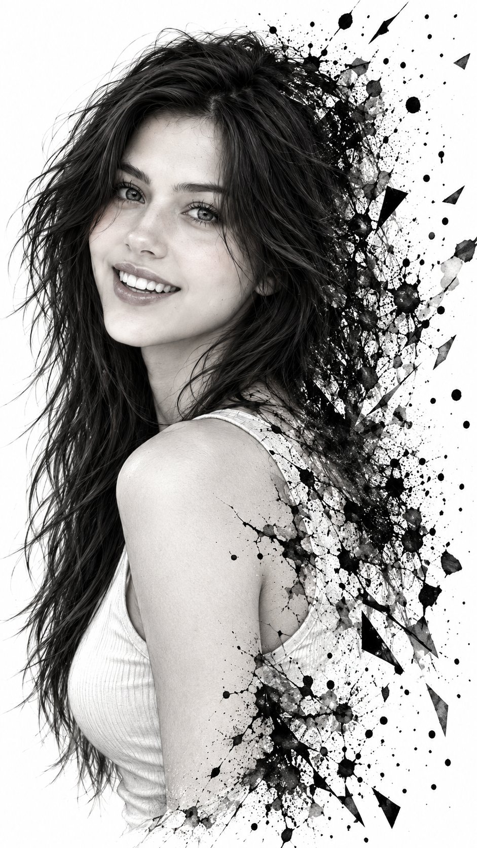 GPT Image 2.5 prompt for a monochrome ink-splash portrait