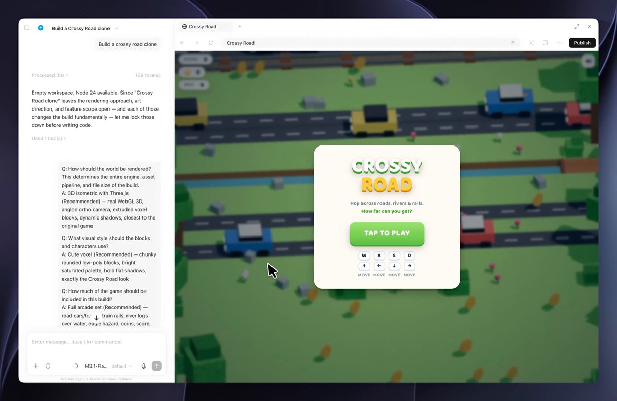 MiniMax M3.1 Flash builds a playable Crossy Road clone from one prompt