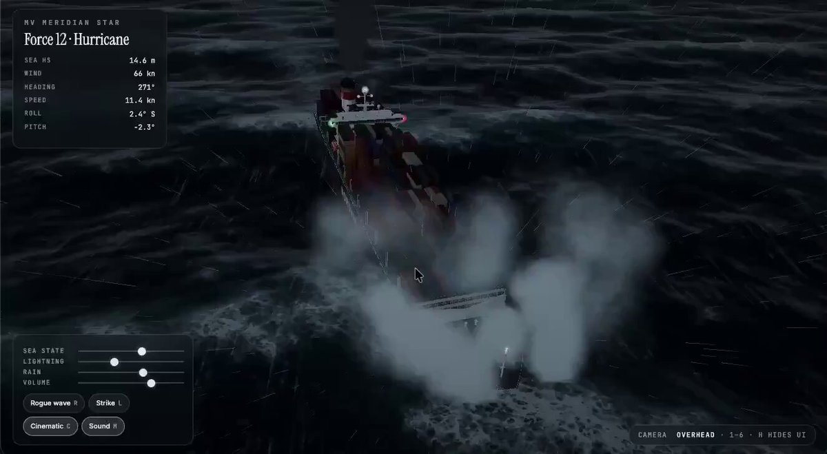 Claude Opus 5.5 builds a procedural Three.js storm at sea