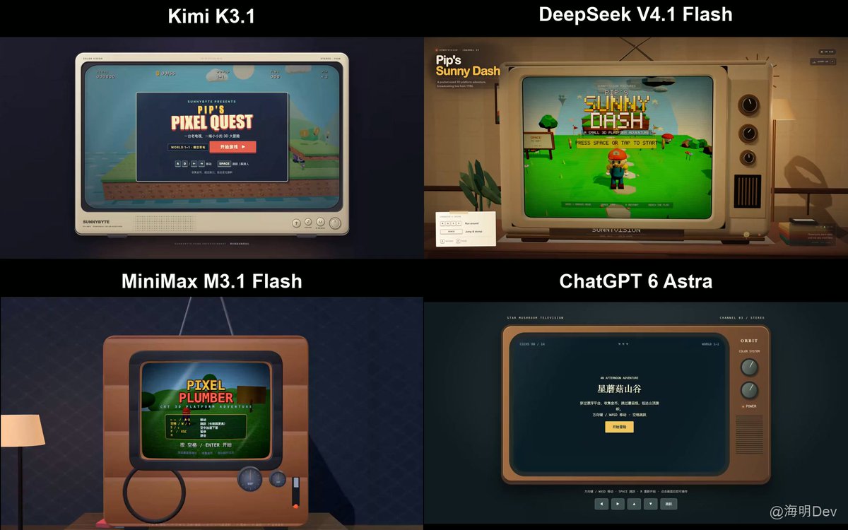 同一批 3D 前端 Case 横评：K3.1 Pro vs DeepSeek V4.1 Flash vs M3.1 vs