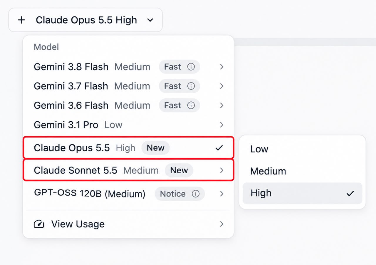 Antigravity adds Opus 5.5 and Sonnet 5.5, fueling Gemini 4 Argon speculation