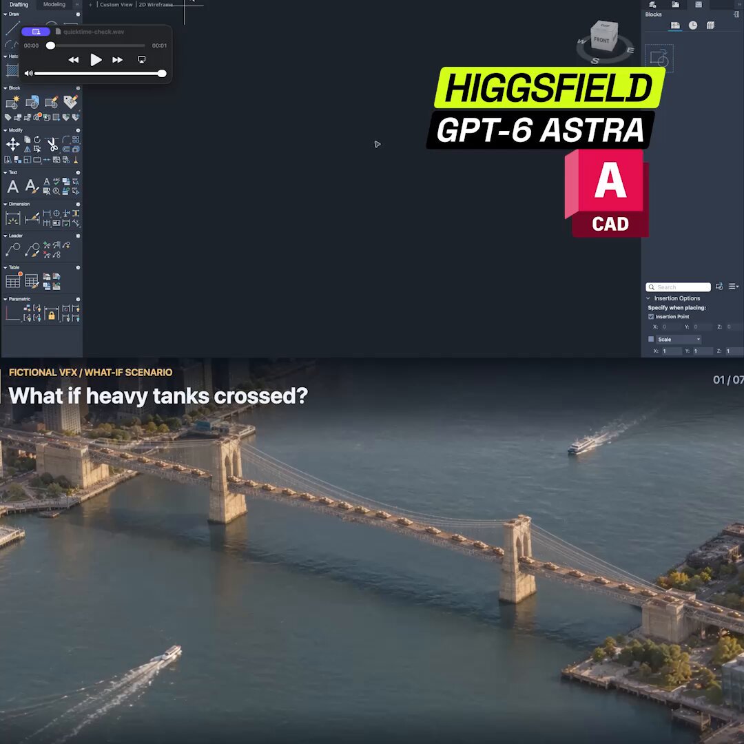 Higgsfield 用 GPT-6 Astra 在 AutoCAD 里重建布鲁克林大桥