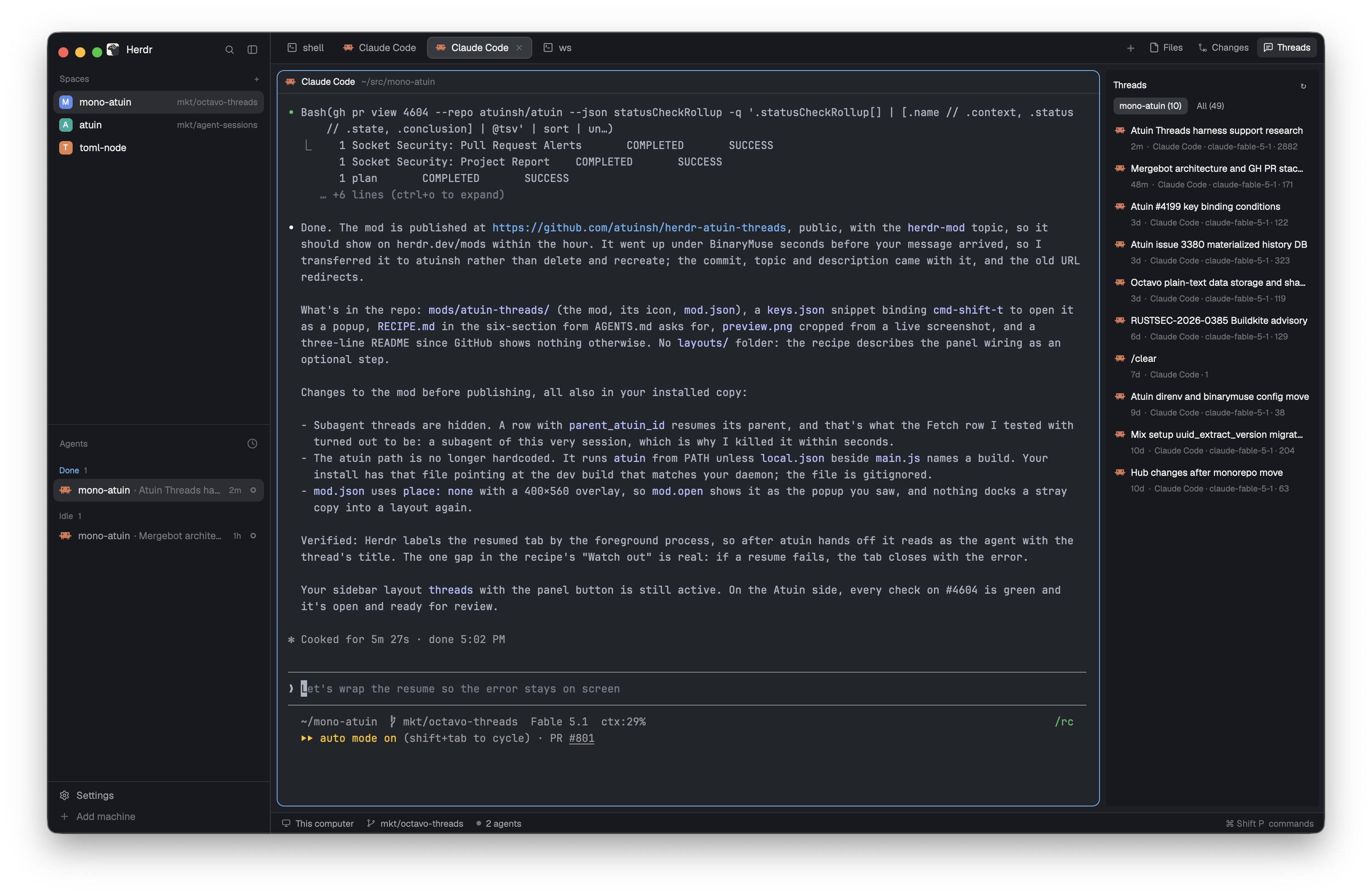 Herdr desktop app gains an Atuin Threads sidebar mod for agent sessions