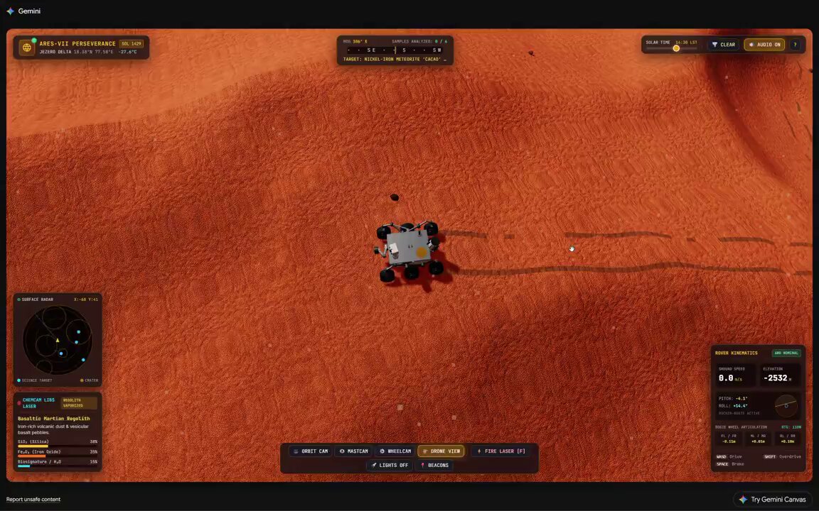 Gemini 4 Argon generates a Mars rover simulation video