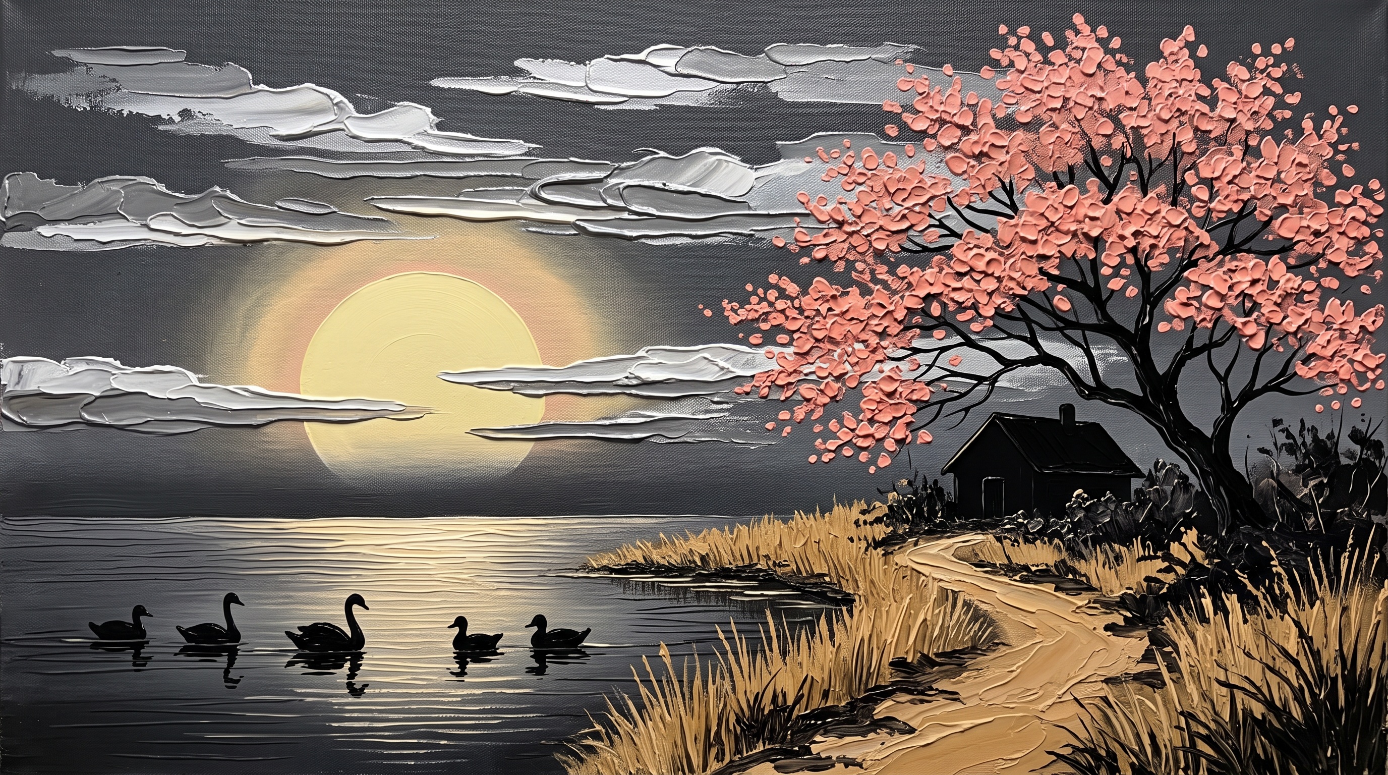 Thick impasto oil-painting lake scene made with GPT Image 2.5, Nano Banana 2.1 and Seedream, then animated (image 2 of 2)