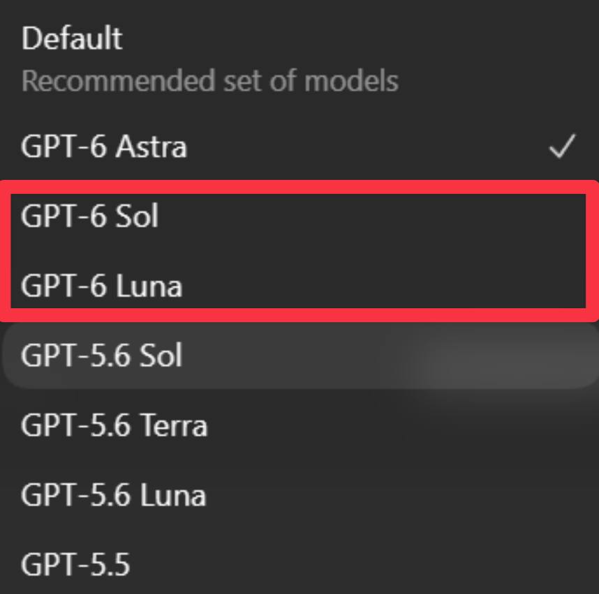 Brazilian user says Codex has released GPT-6 Sol and Luna