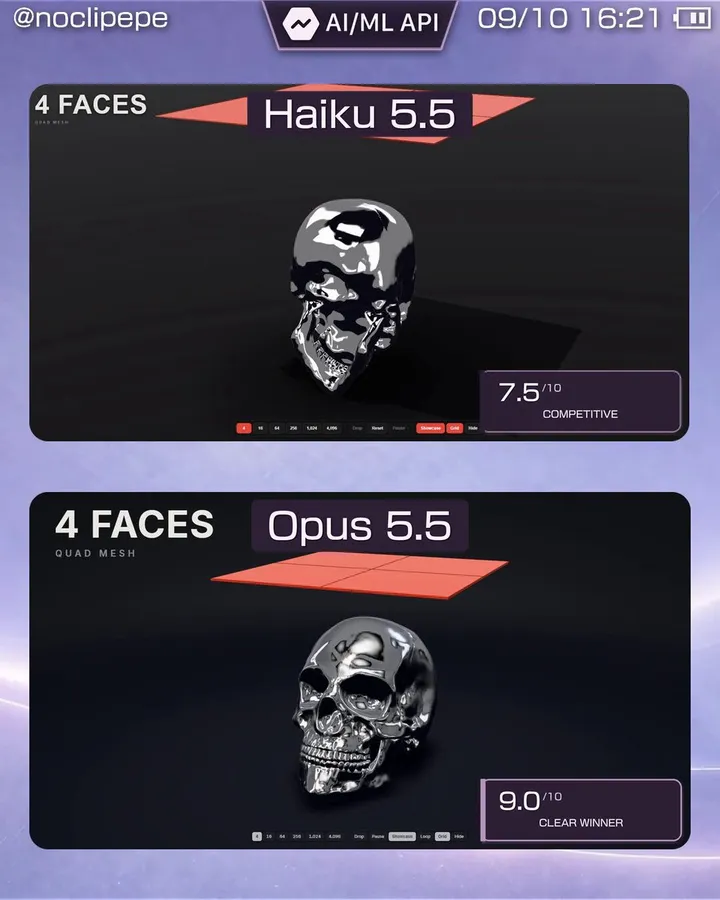 Haiku 5.5 与 Opus 5.5 布料物理动画对比