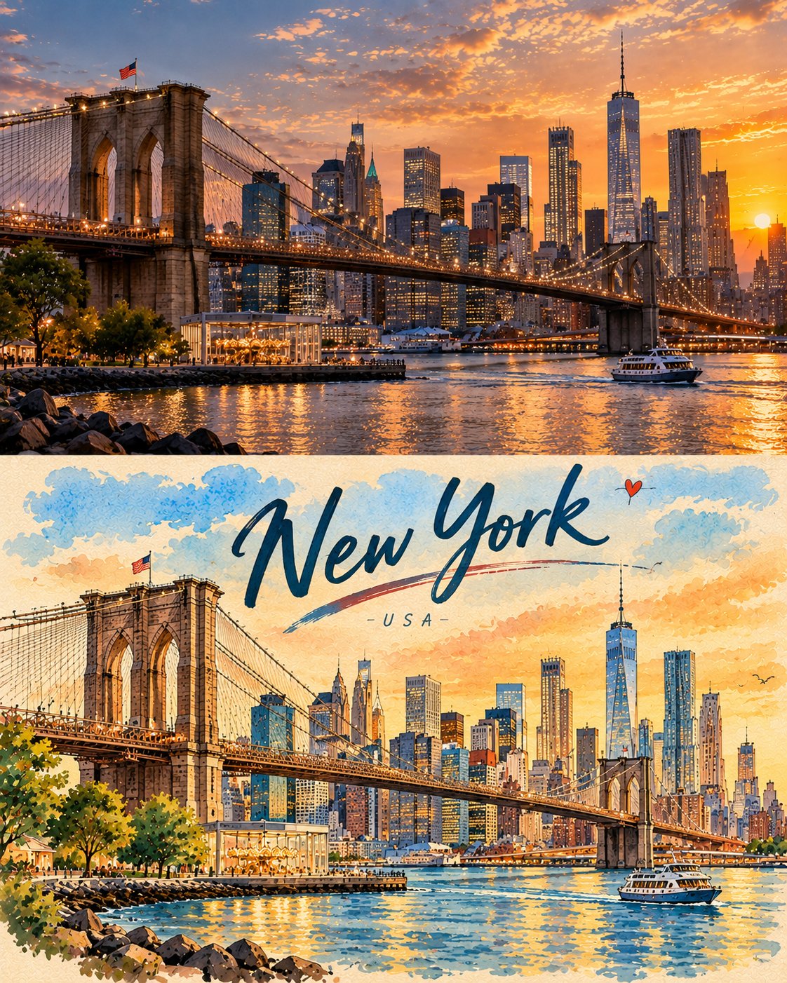 GPT Image 2.5 复古旅行海报提示词:上下对半写实+插画(第 4 张,共 4 张)