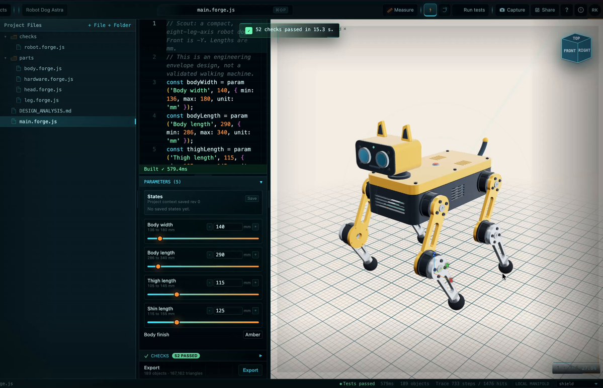 GPT-6 Astra generates a robot dog model in ForgeCAD