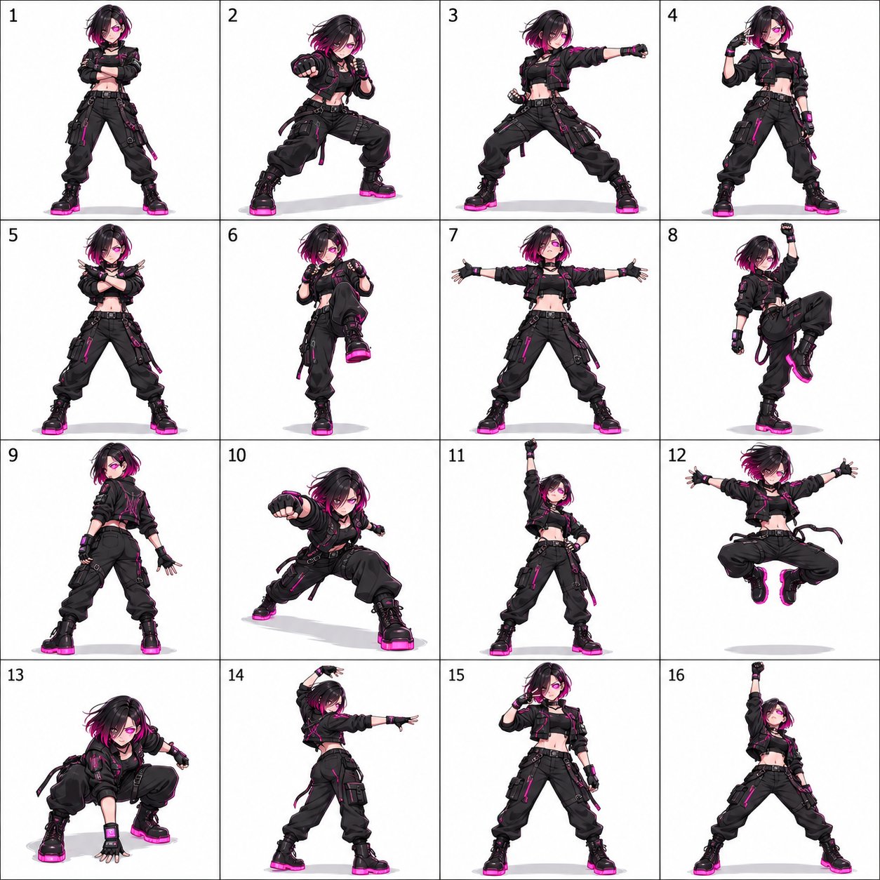 GPT Image 2.5 cyberpunk dance pose sheet, animated with Seedance 2.5
