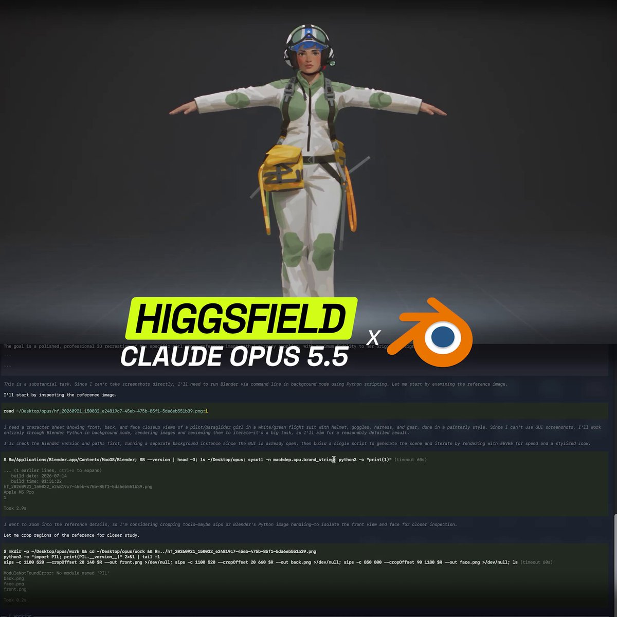 Claude Opus 5.5 把 2D 角色设定图转成 Blender 3D 预演