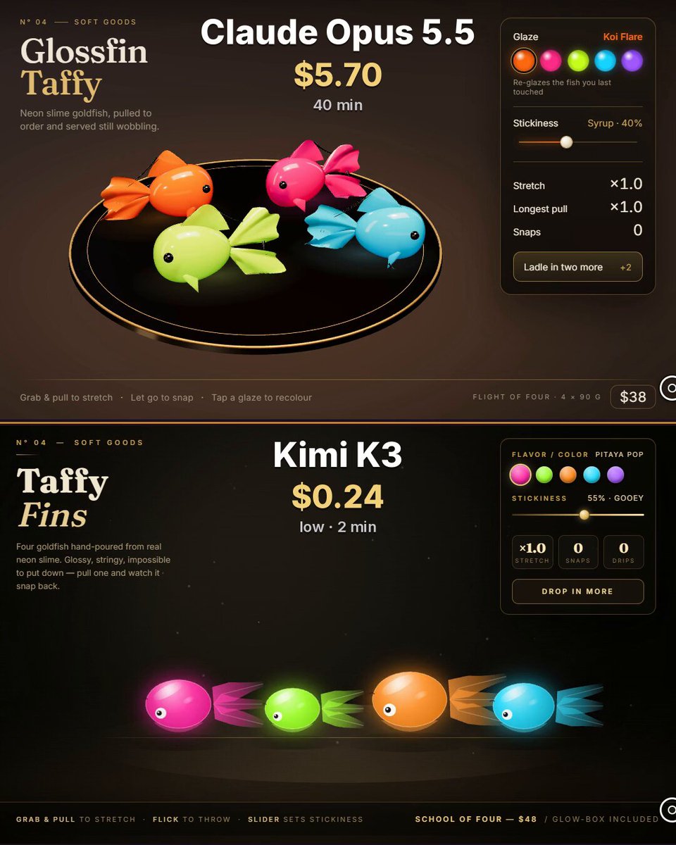 Opus 5.5 与 Kimi K3 做史莱姆金鱼互动动画对比