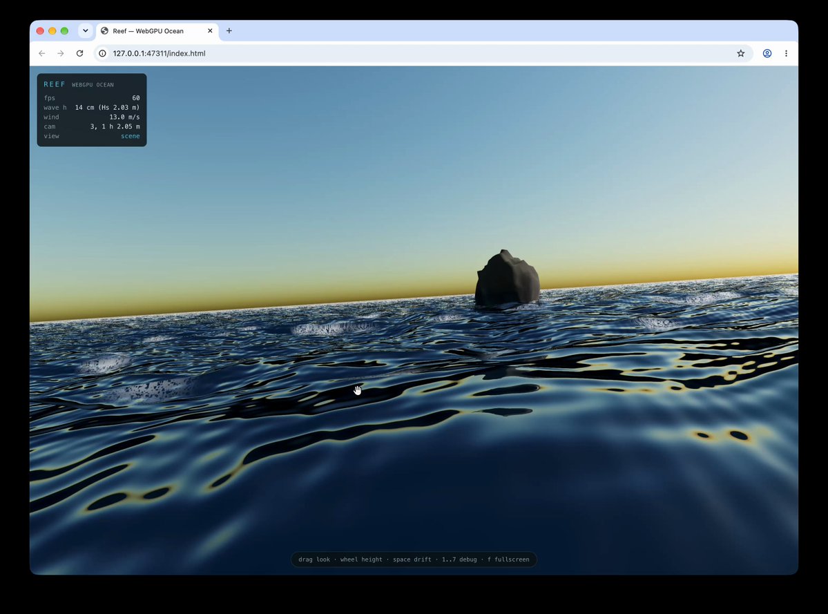 omp + M3.1 Flash 首次实测：WebGPU 写实水面场景，约 100 tok/s