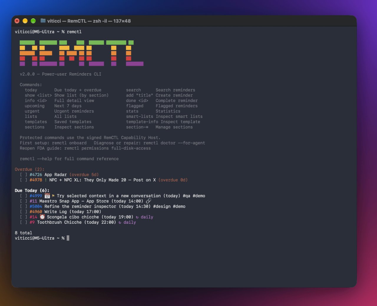 remctl：在终端管理 Apple 提醒事项，带 MCP 支持