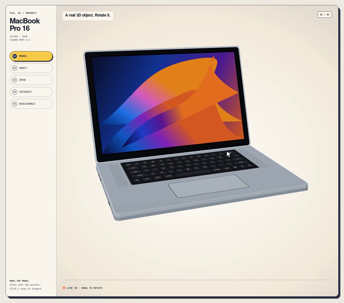Interactive 3D MacBook teardown built in a Claude Opus 5.5 interface