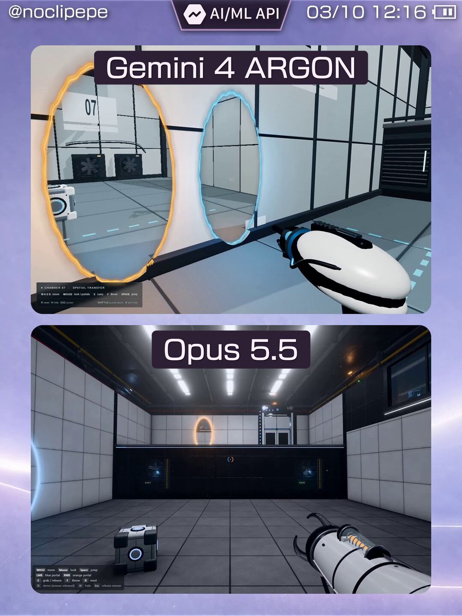 Gemini 4 Argon vs Opus 5.5: a three.js Portal scene comparison