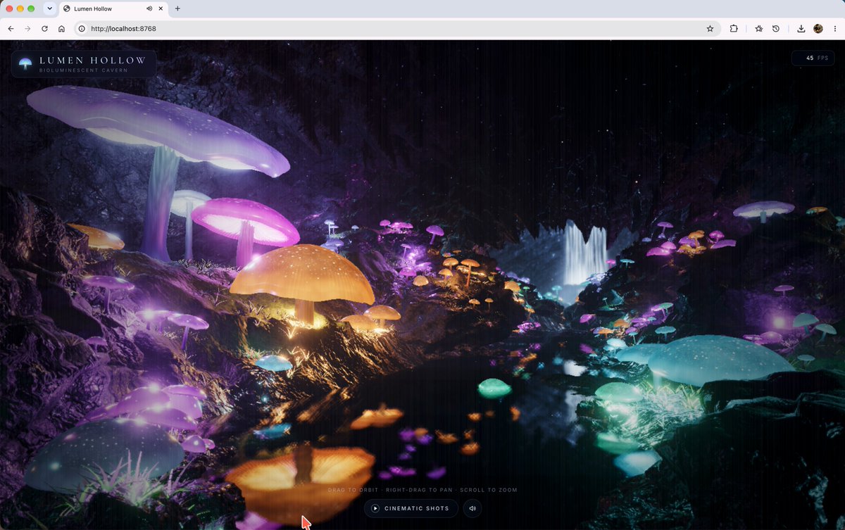 Opus 5.5 builds a glowing mushroom grotto in Three.js