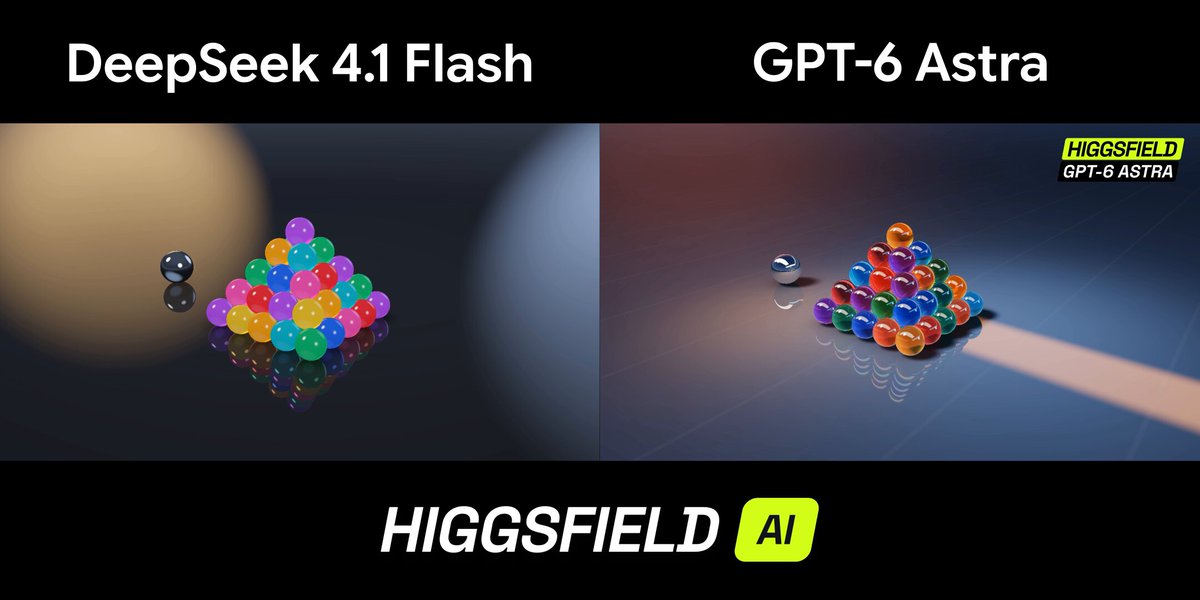 Higgsfield 官方对比：DeepSeek 4.1 Flash 与 GPT-6 Astra 弹珠物理模拟