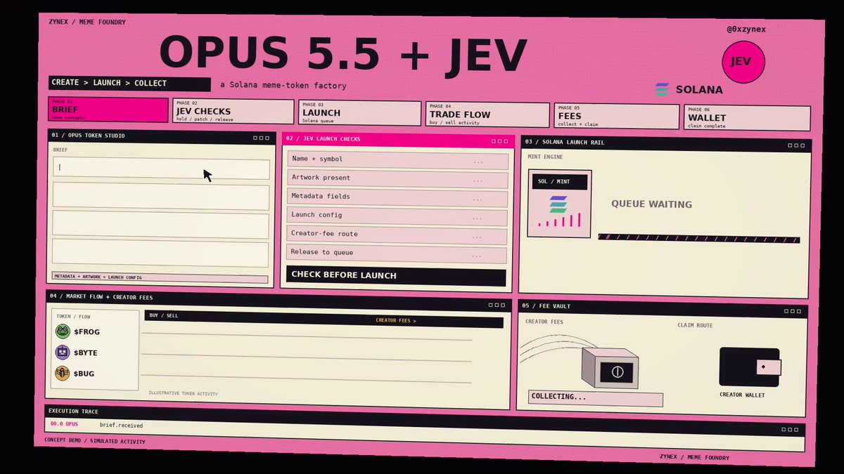 Opus 5.5 + JEV 做的 memecoin 工厂动画原型