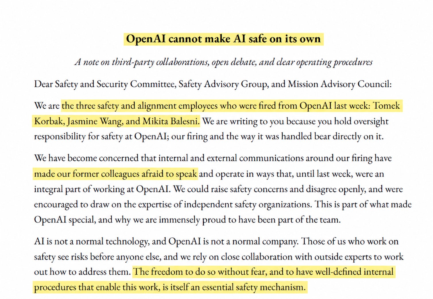 OpenAI 安全研究员被解雇后发公开信