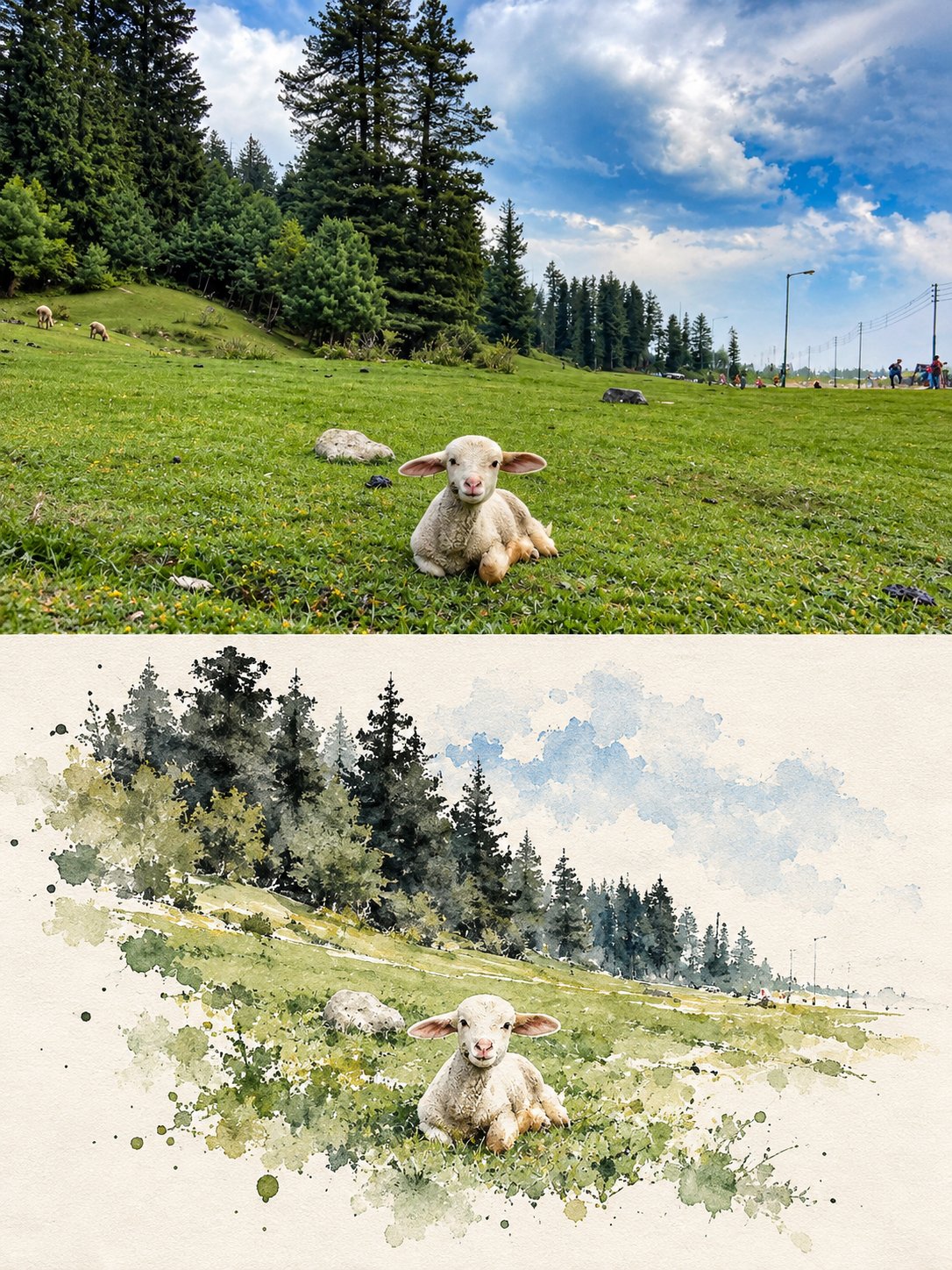 GPT Image 2.5 prompt splits an image: photo on top, minimalist ink wash below (image 4 of 4)