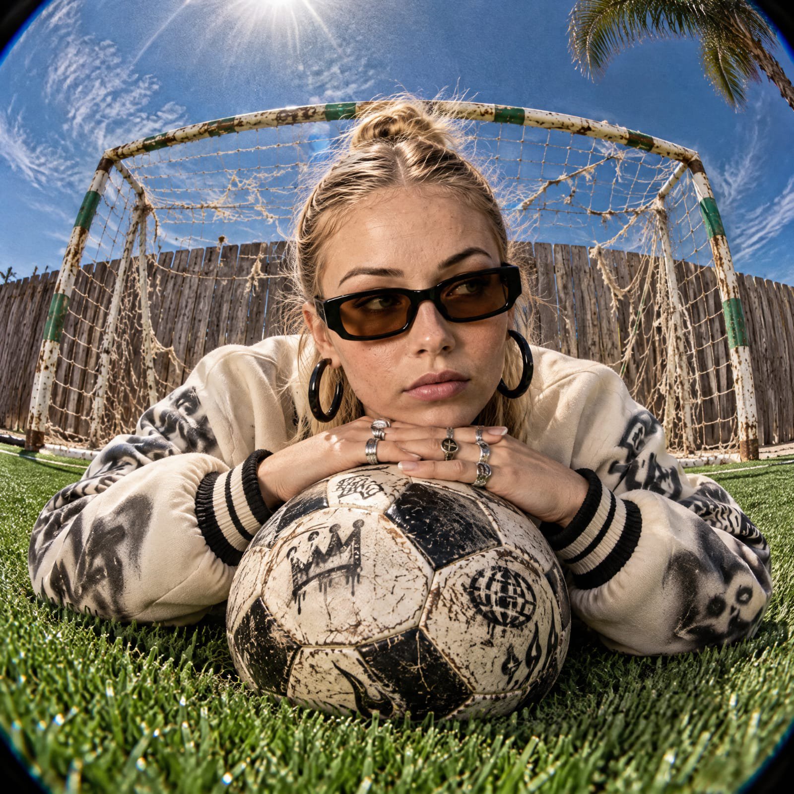 Fisheye soccer-field portrait prompt plus a GPT Image 2.5 prompt library