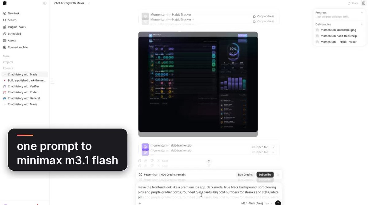 MiniMax M3.1 Flash redesigns a habit tracker app from one prompt, fixes its own bugs and redeploys