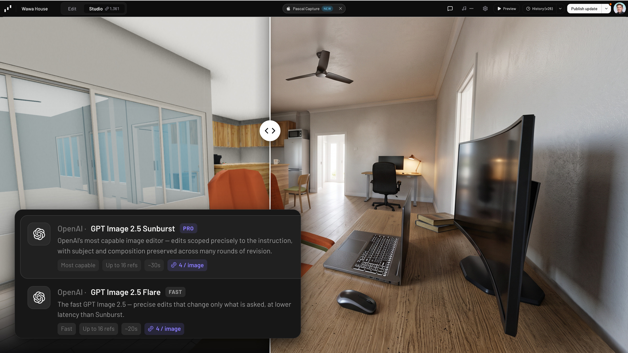 Pascal Studio adds GPT Image 2.5 Sunburst and Flare modes