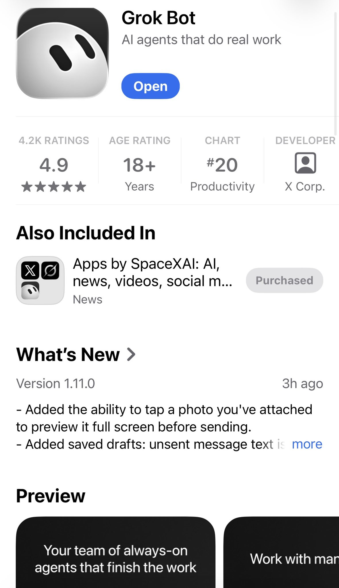 Grok Bot 上架 App Store 并进入效率榜第 20