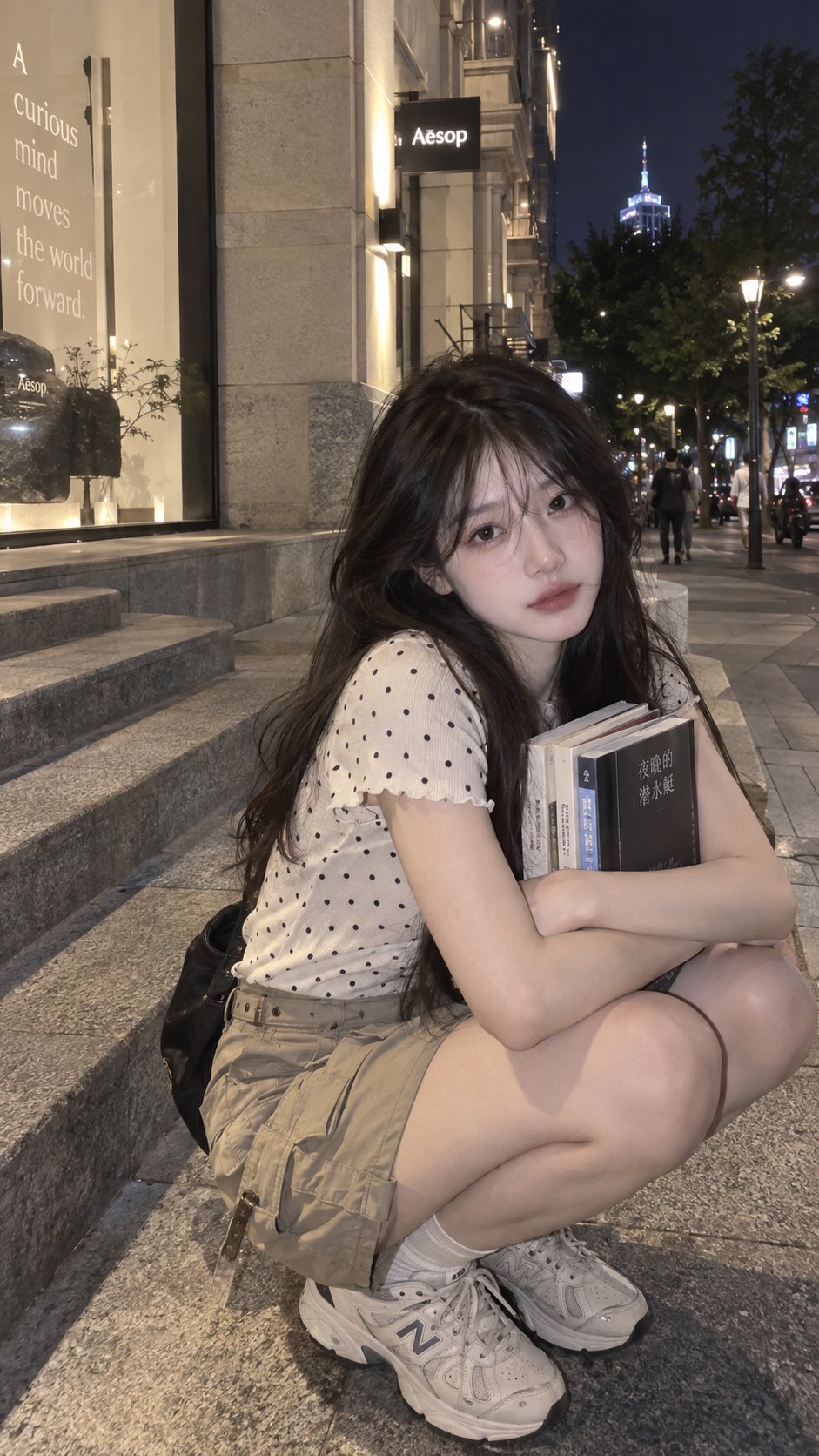 GPT Image 2.5 prompt: girlfriend waiting on a street corner after overtime
