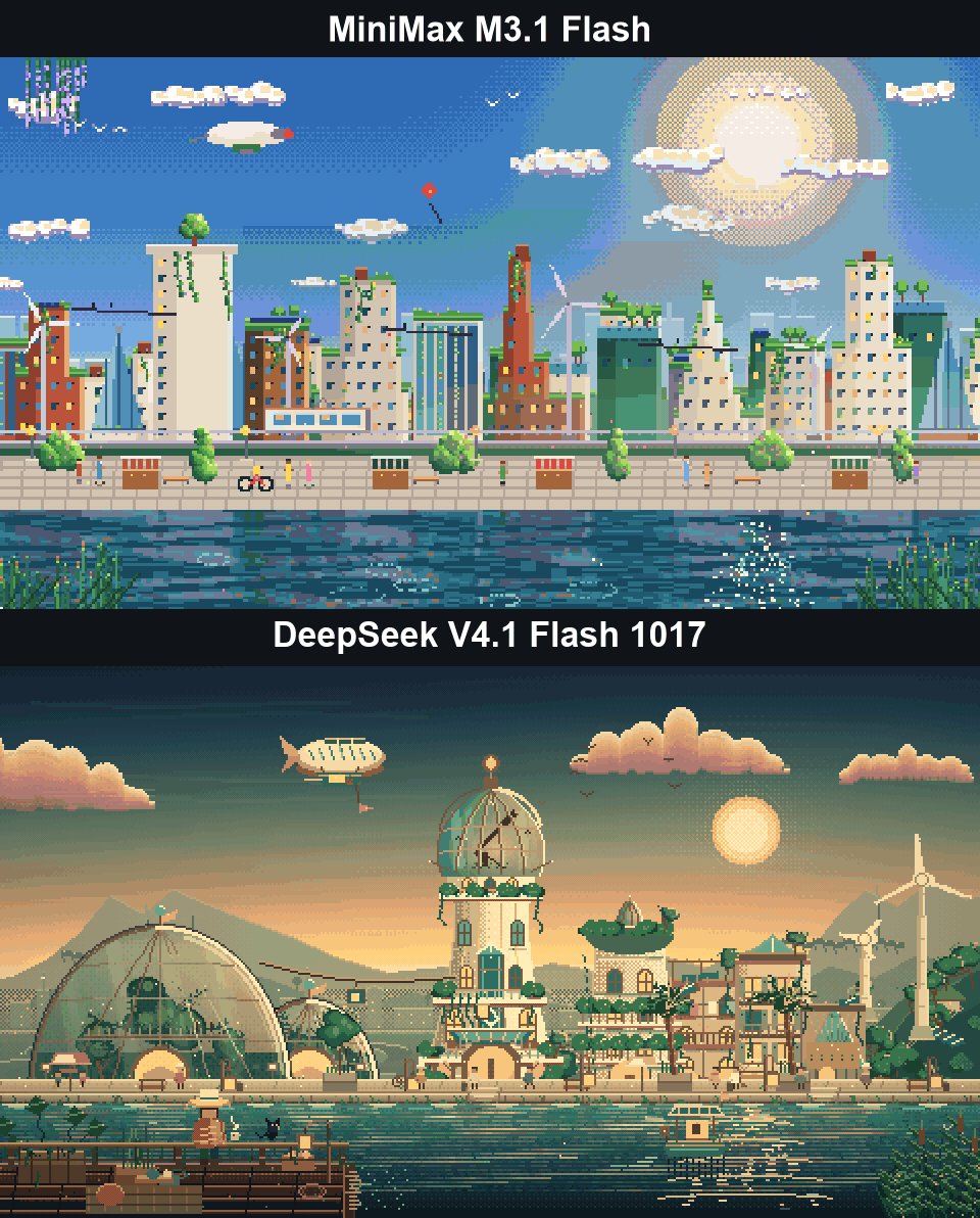 Same pixel-art city prompt: MiniMax M3.1 Flash 40 min at $0 vs DeepSeek V4.1 Flash 50 min at $0.4