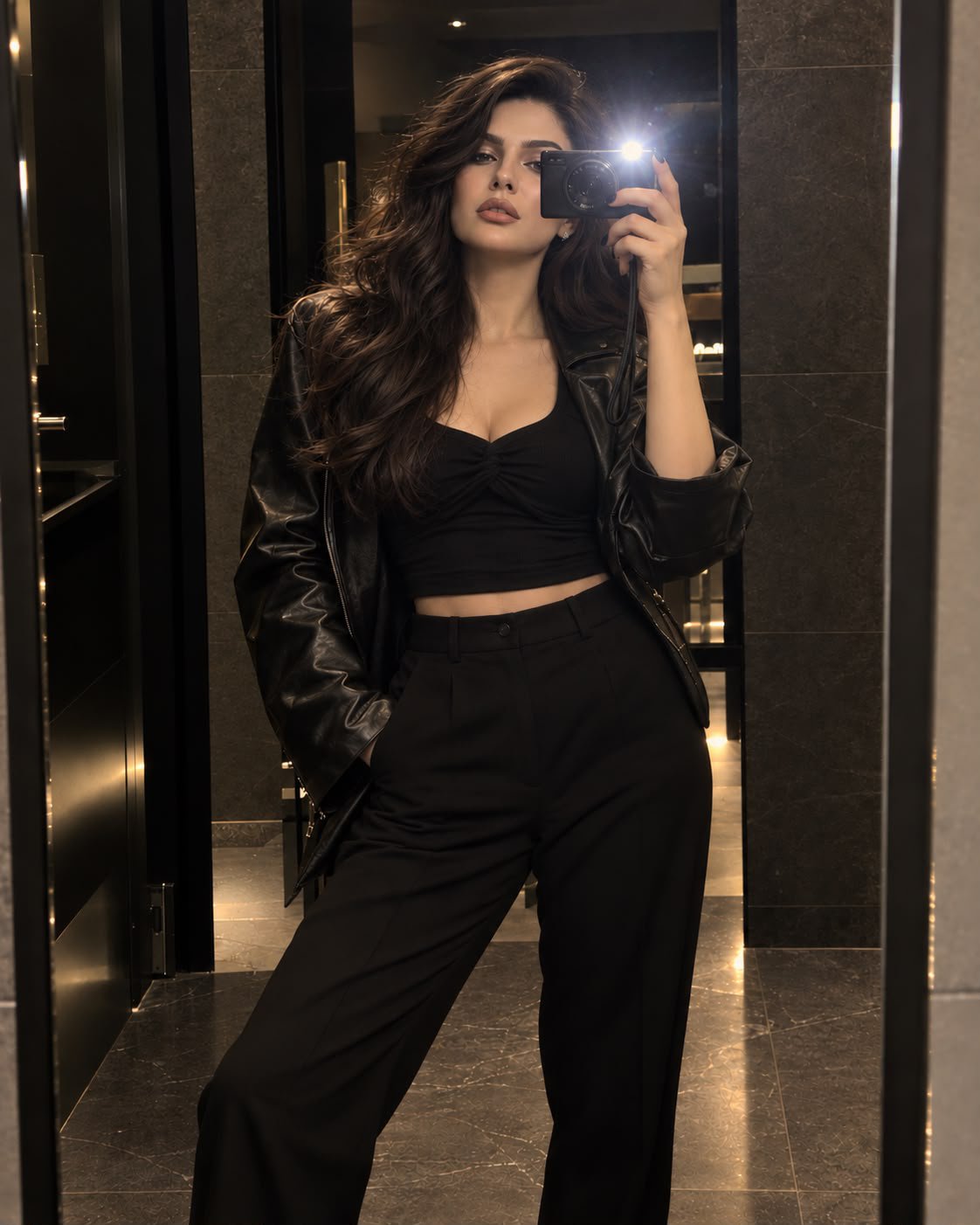 GPT Image 2.5 prompt for an all-black mirror selfie that keeps the reference face