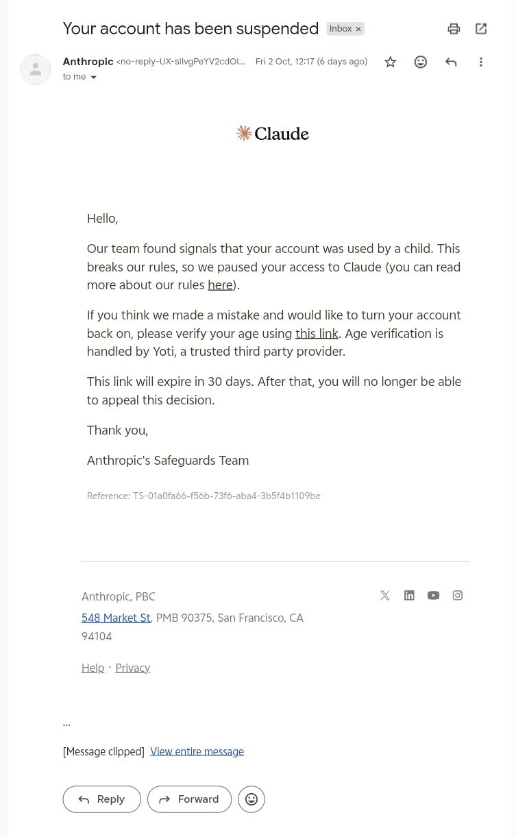 Claude account used for over half a year banned over minor status, user says
