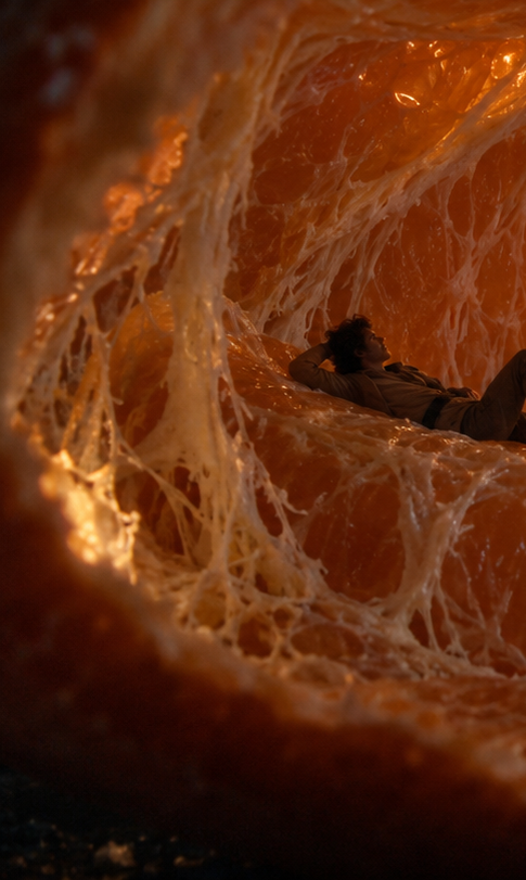 GPT Image 2.5 macro prompt: 2cm people living inside a peeled tangerine