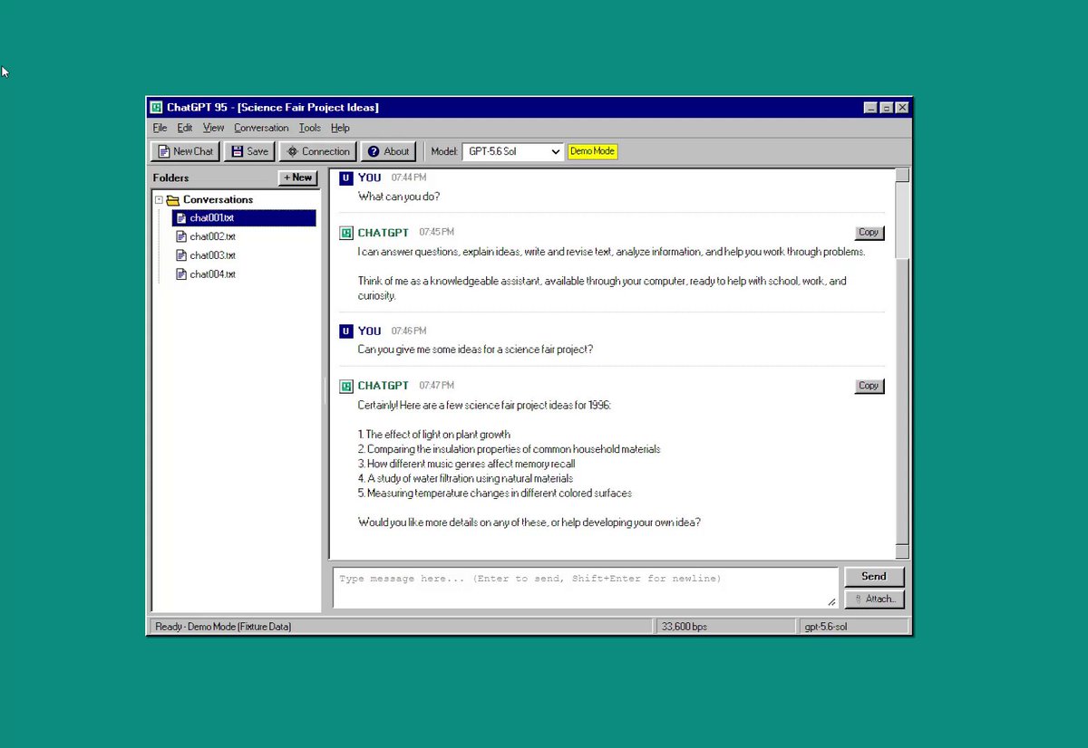 Win95GPT retro client connects to GPT-6 Sol and other models