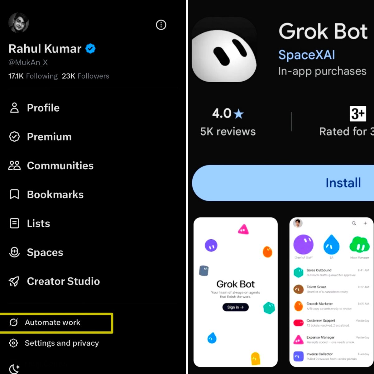 X 应用新增 Automate work，跳转 Grok Bot