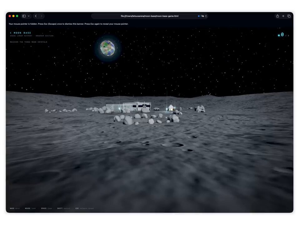 DeepSeek V4.1 Flash builds an explorable three.js moon base in one prompt