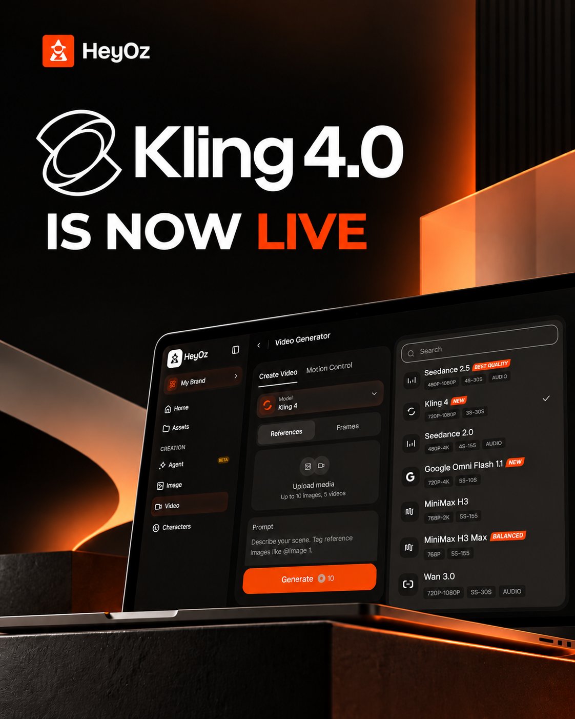 HeyOz 上线 Kling 4.0：30 秒、1080p、10 图 5 视频参考