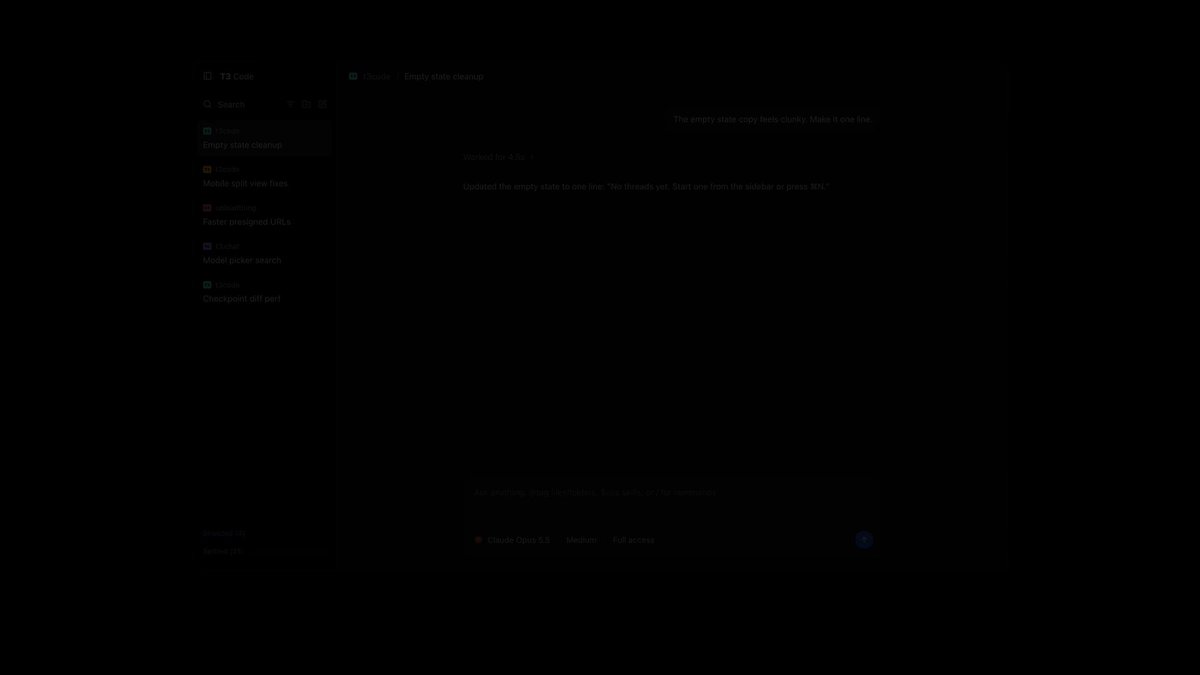 T3 Code 新增「分享给访客」功能，Opus 5.5 生成演示视频