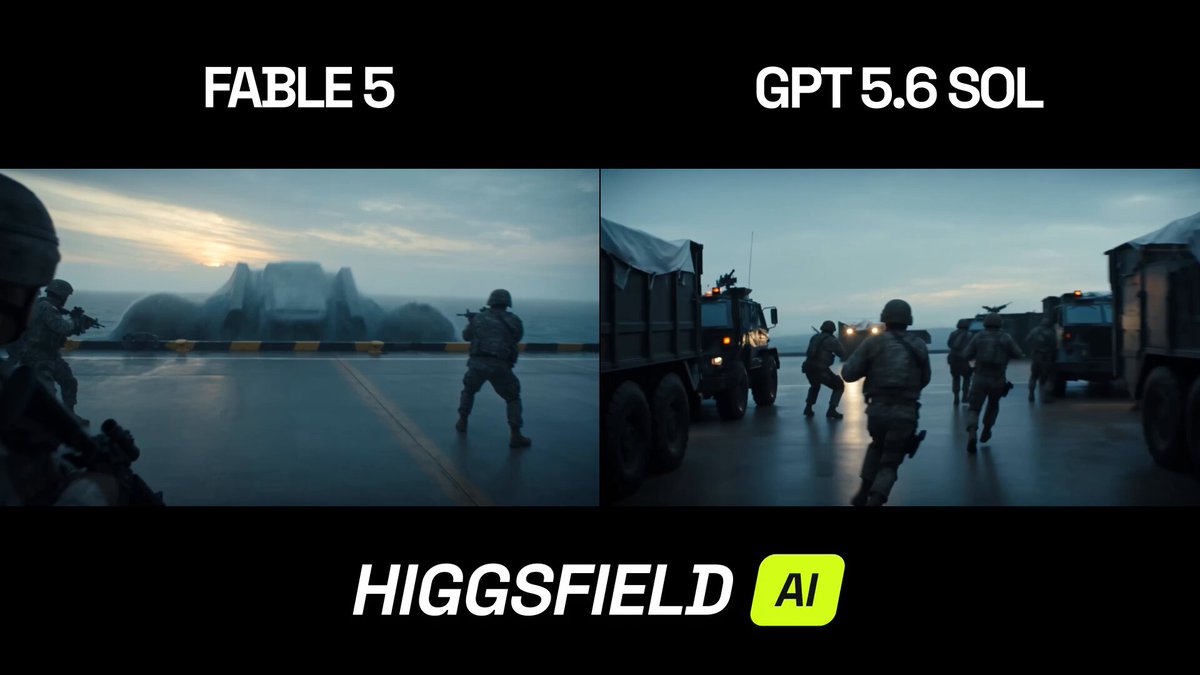 Higgsfield 对比 GPT 5.6 Sol 与 Fable 5 的怪兽战斗视频