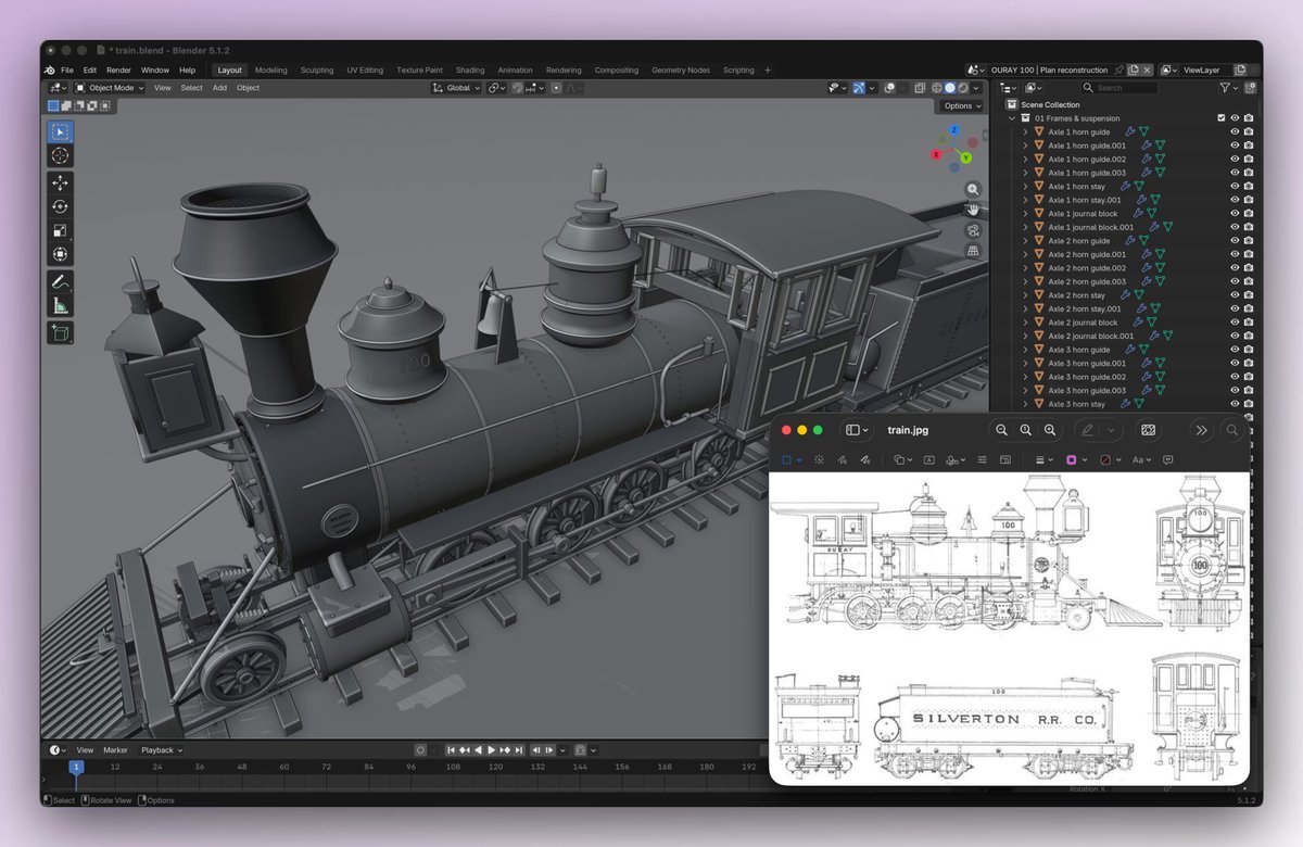 Astra rebuilds a steam locomotive sketch as 3,295 Blender objects