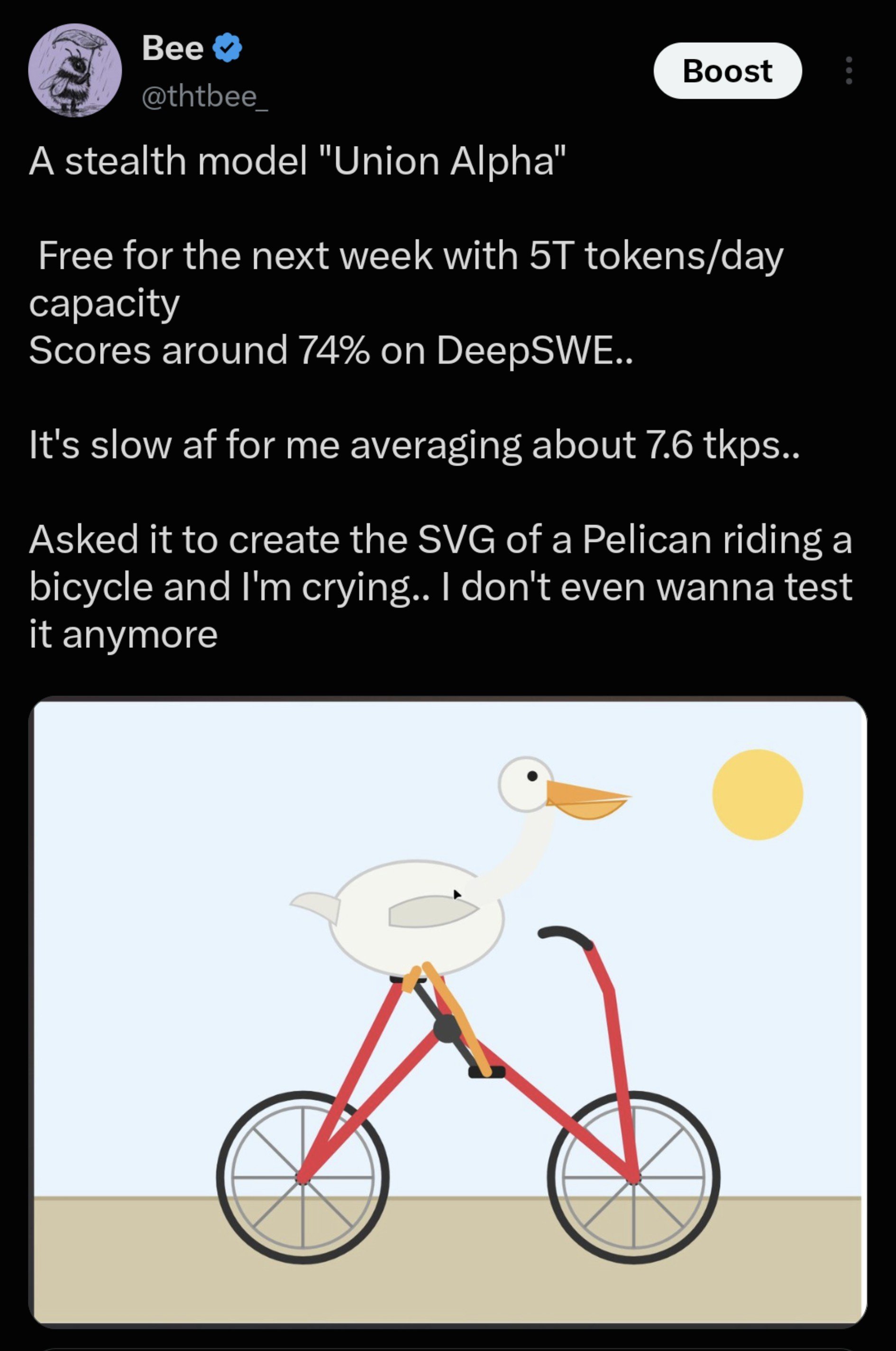 Union Alpha 被指跑分特化：SVG 画鹈鹕骑车翻车