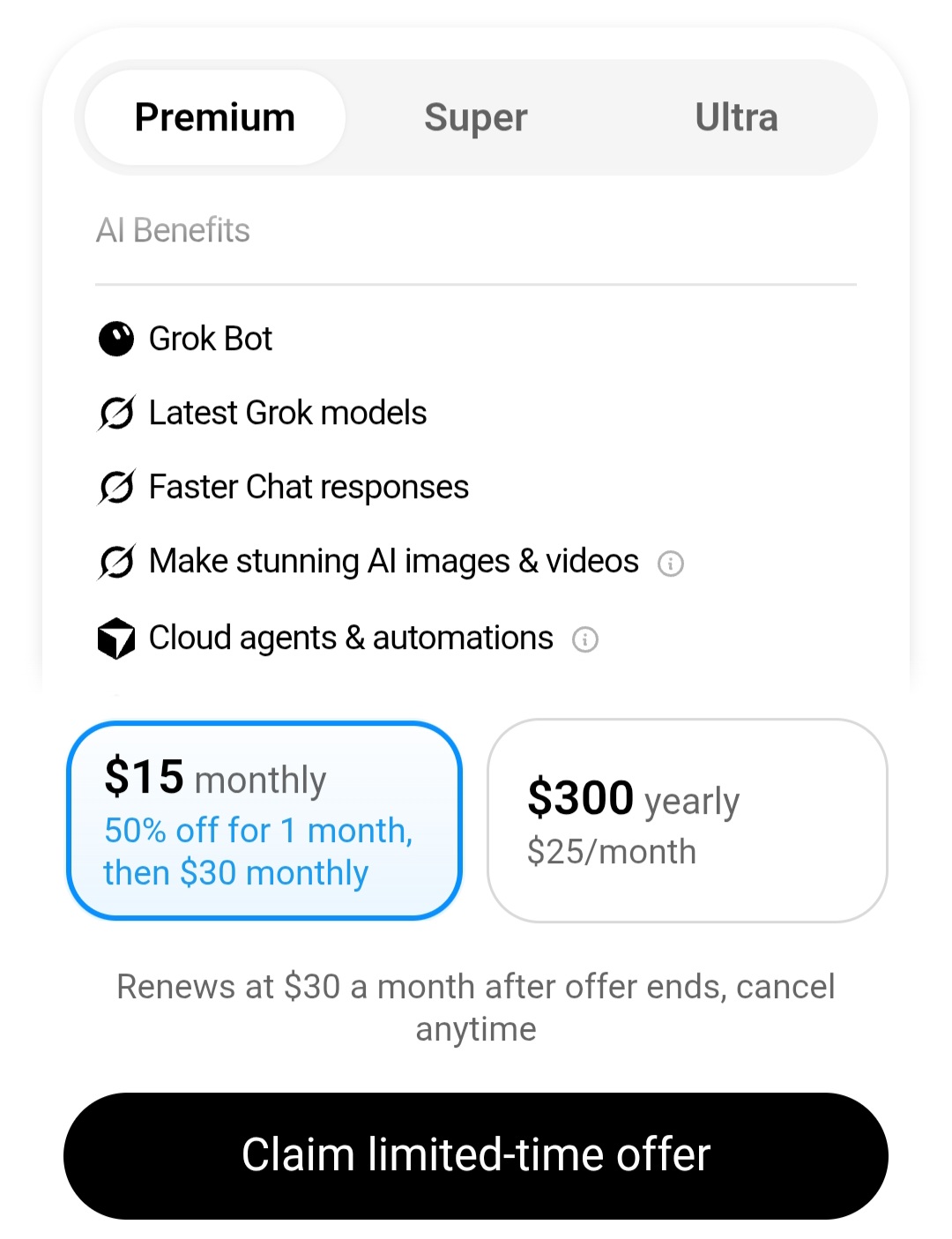 Grok Bot price drops from $30 to $15 after reloading the app